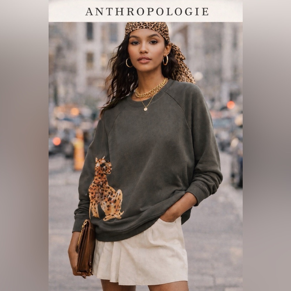 Anthropologie Dark Green Sweatshirt with Leopard Design size M